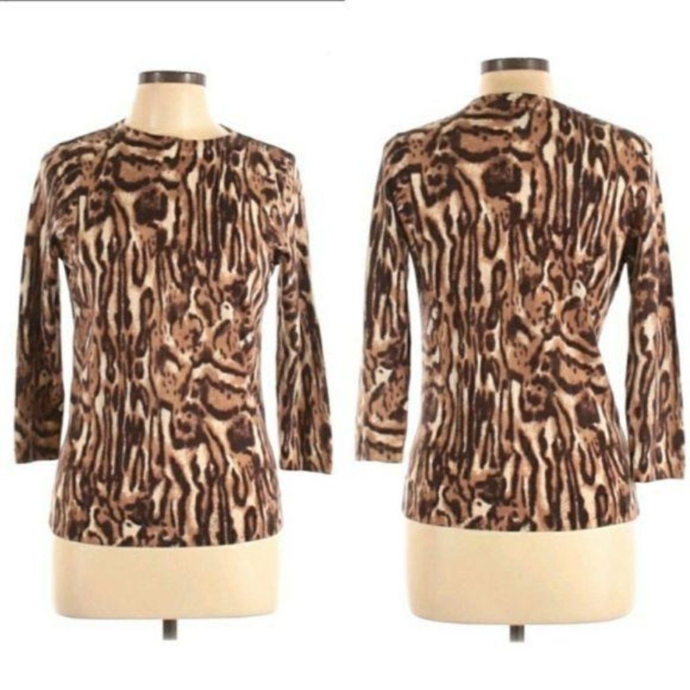 Talbots Sweater 100% Pure Merino Wool Leopard Animal Print Crew Neck Brown L - Picture 9 of 9
